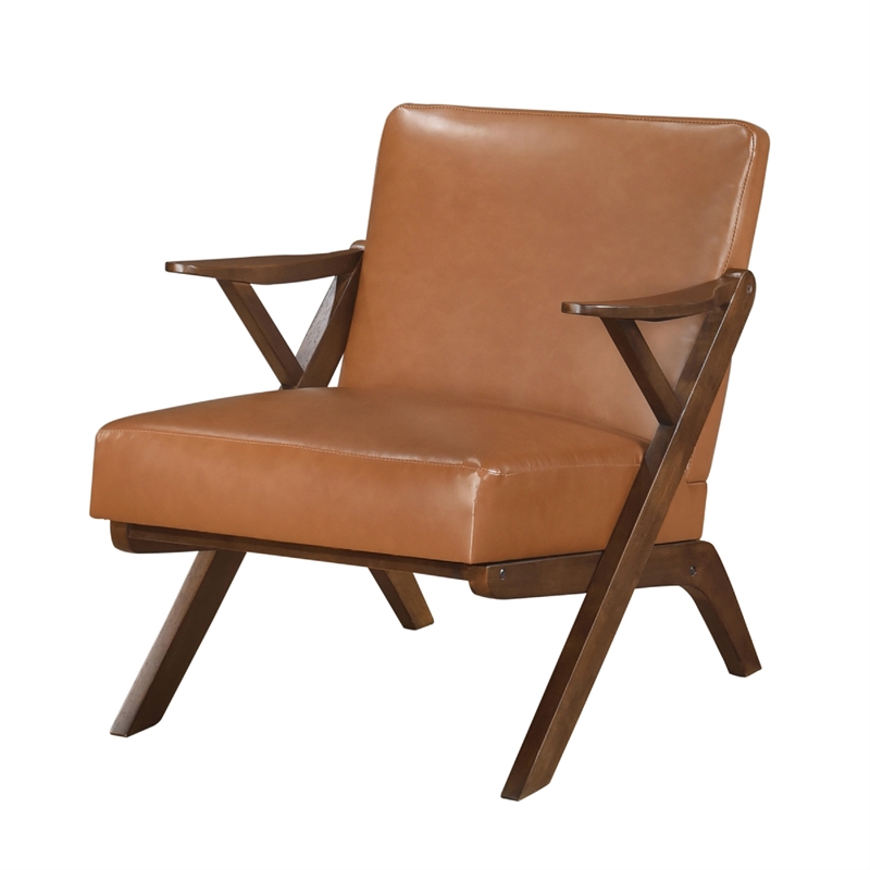 Gya Accent Chair- Faux Leather Upholstery- Walnut Brown Rubberwood