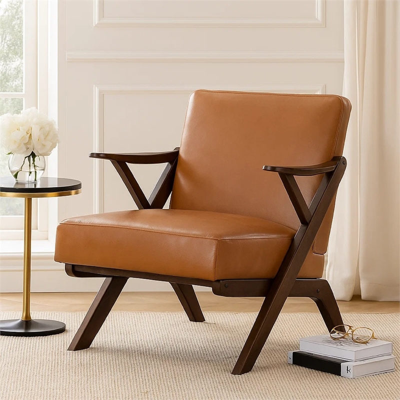 Gya Accent Chair- Faux Leather Upholstery- Walnut Brown Rubberwood