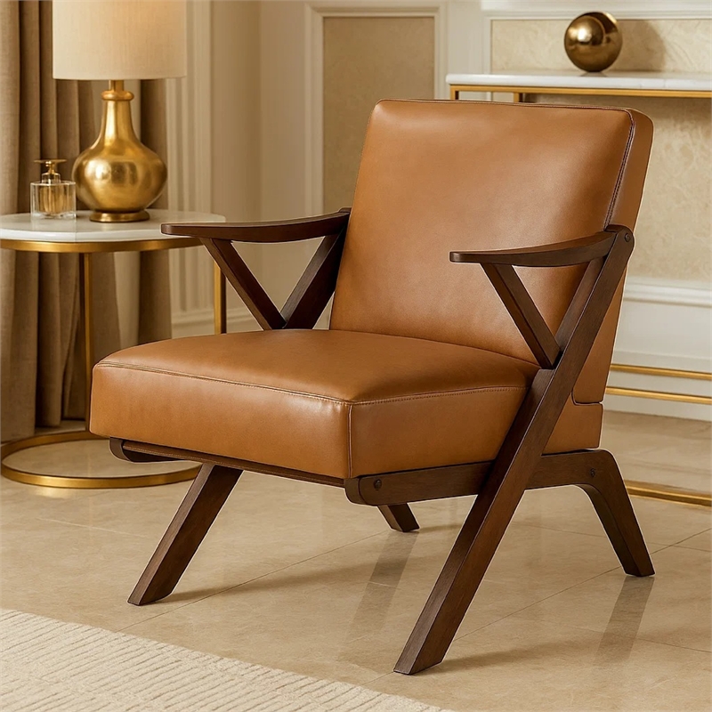 Gya Accent Chair- Faux Leather Upholstery- Walnut Brown Rubberwood