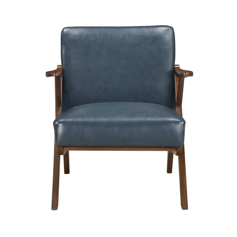Gya Accent Chair- Blue Faux Leather Upholstery- Walnut Brown Rubberwood
