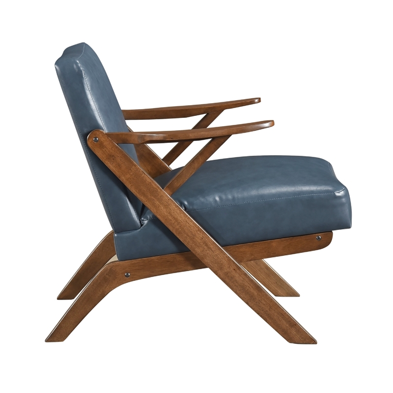 Gya Accent Chair- Blue Faux Leather Upholstery- Walnut Brown Rubberwood