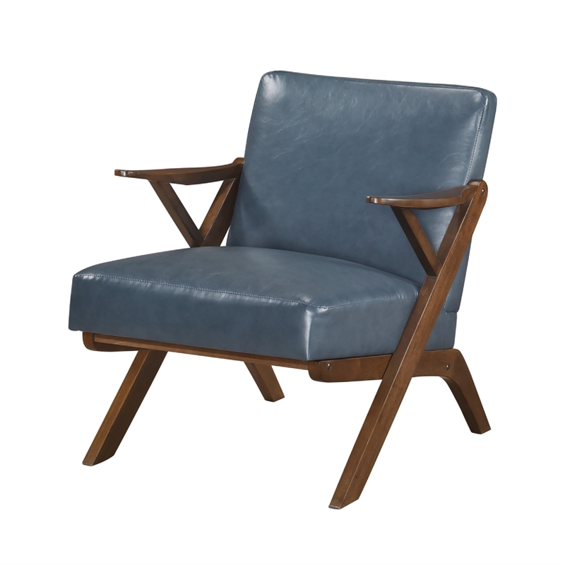 Gya Accent Chair- Blue Faux Leather Upholstery- Walnut Brown Rubberwood