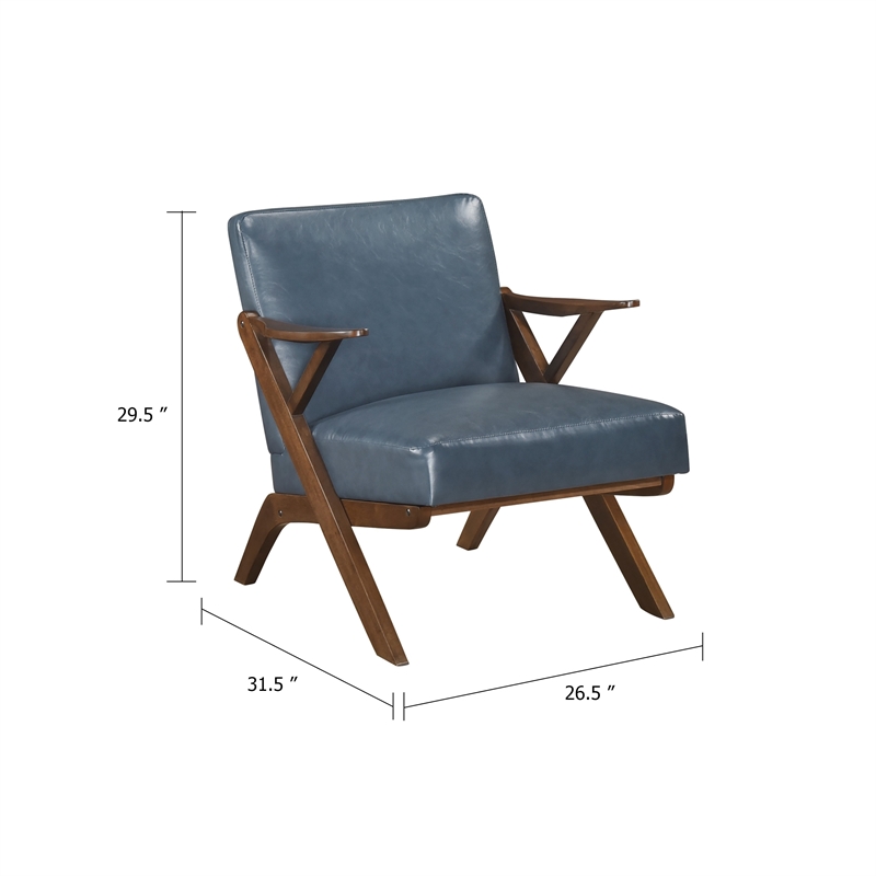 Gya Accent Chair- Blue Faux Leather Upholstery- Walnut Brown Rubberwood