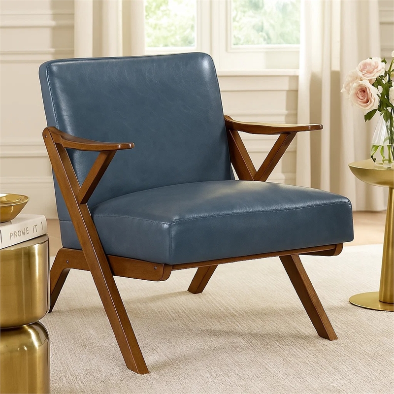 Gya Accent Chair- Blue Faux Leather Upholstery- Walnut Brown Rubberwood