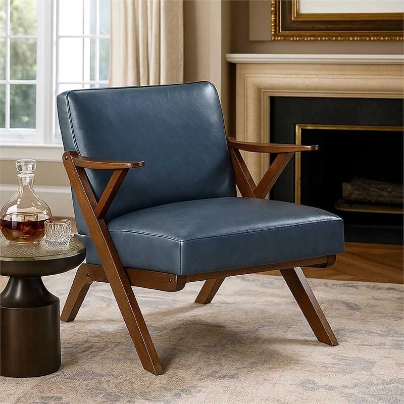 Gya Accent Chair- Blue Faux Leather Upholstery- Walnut Brown Rubberwood