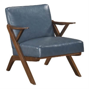 Gya Accent Chair- Blue Faux Leather Upholstery- Walnut Brown Rubberwood