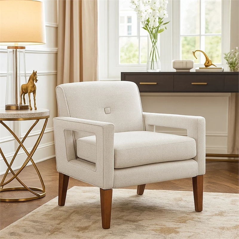 Bei Armchair- Beige Chenille Cushion- Walnut Brown Solid Wood