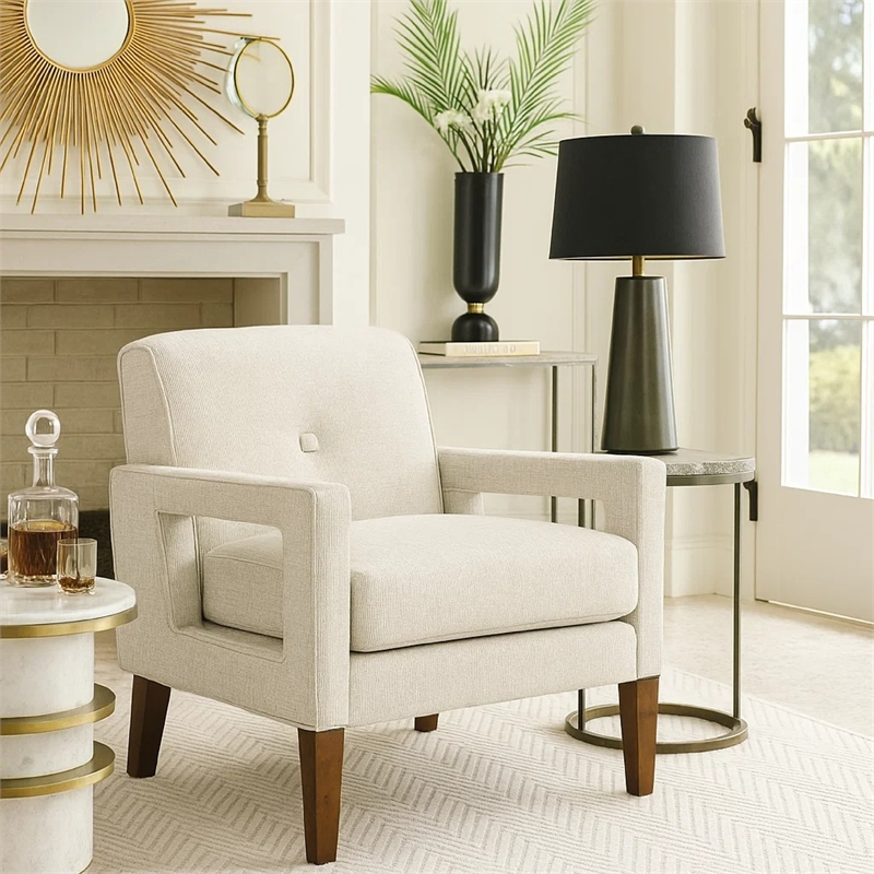 Bei Armchair- Beige Chenille Cushion- Walnut Brown Solid Wood