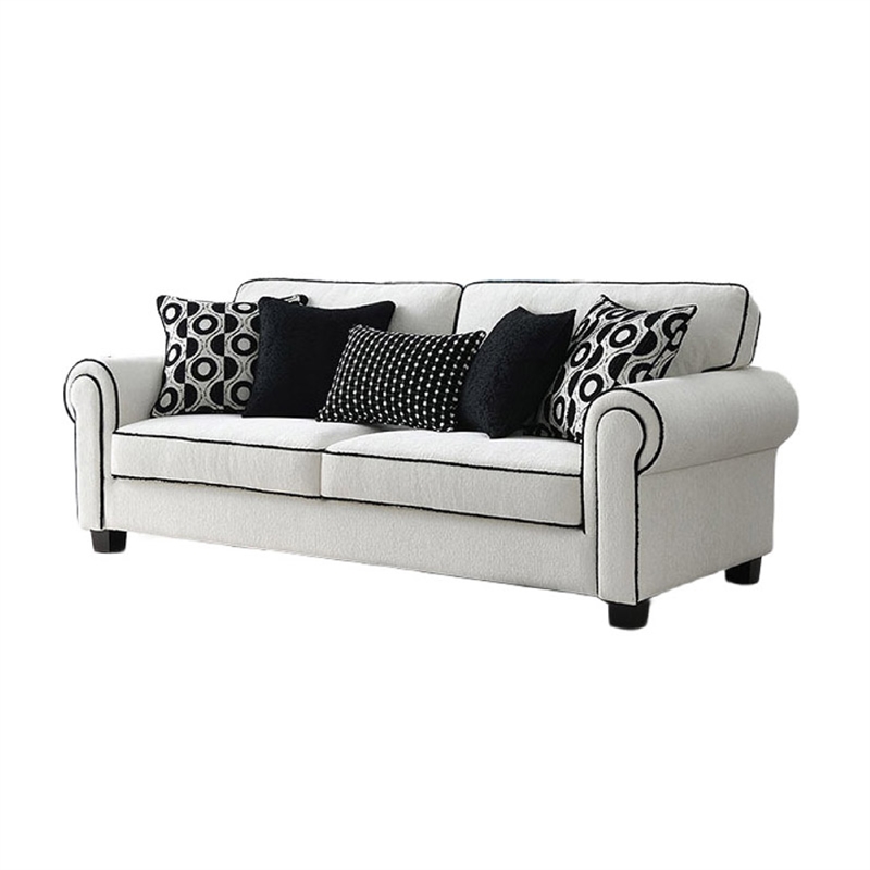 Viani Sofa- Roll Arms- Flange Trim- 5 Pillows- White Chenille 87 Inch