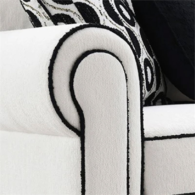 Viani Sofa- Roll Arms- Flange Trim- 5 Pillows- White Chenille 87 Inch