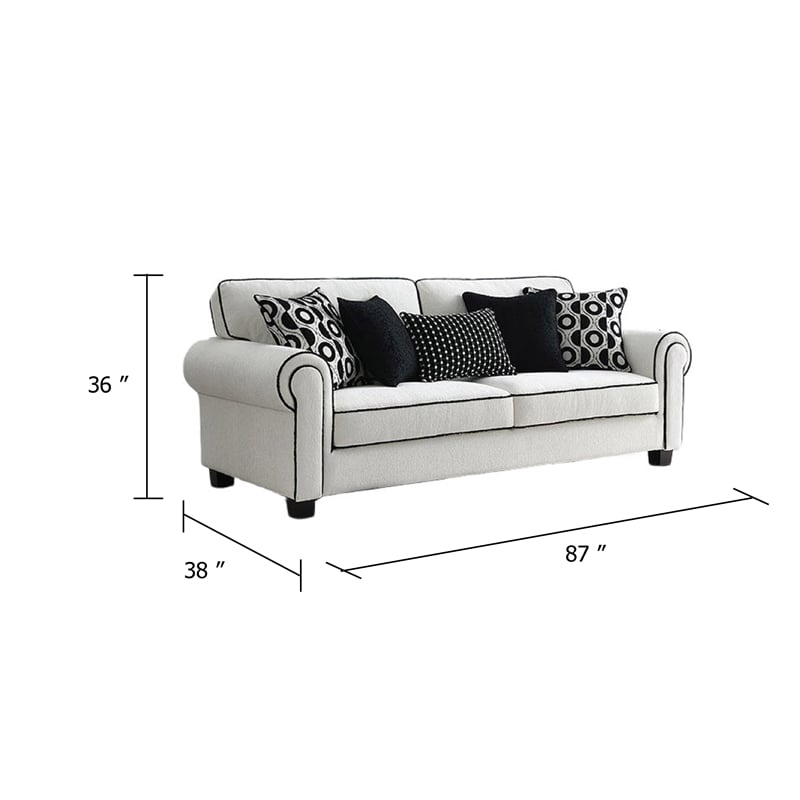 Viani Sofa- Roll Arms- Flange Trim- 5 Pillows- White Chenille 87 Inch