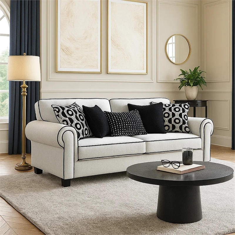 Viani Sofa- Roll Arms- Flange Trim- 5 Pillows- White Chenille 87 Inch