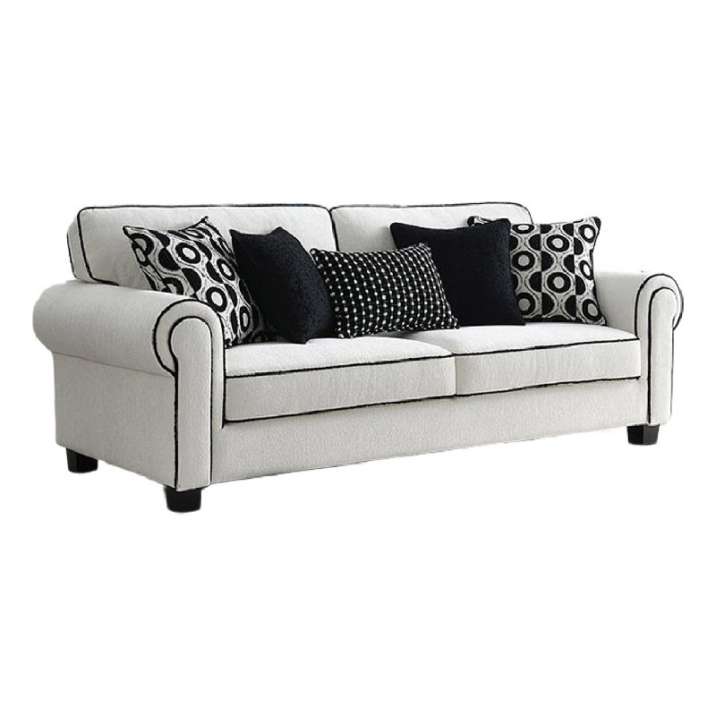 Viani Sofa- Roll Arms- Flange Trim- 5 Pillows- White Chenille 87 Inch