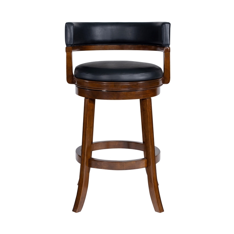 Bely Swivel Barstool Chair- Black Faux Leather- Cappuccino Brown Wood