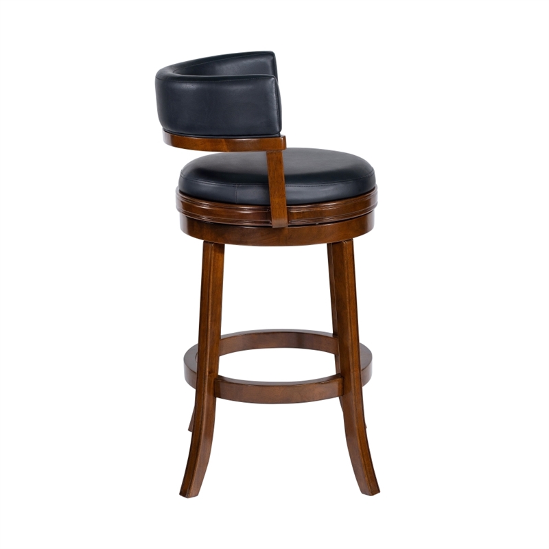 Bely Swivel Barstool Chair- Black Faux Leather- Cappuccino Brown Wood