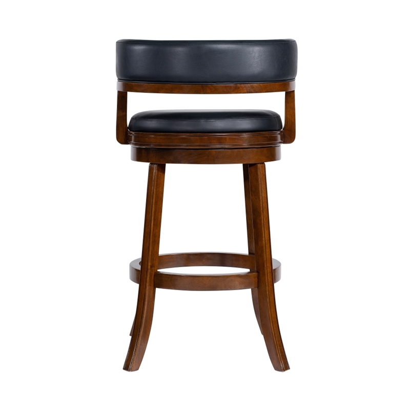 Bely Swivel Barstool Chair- Black Faux Leather- Cappuccino Brown Wood