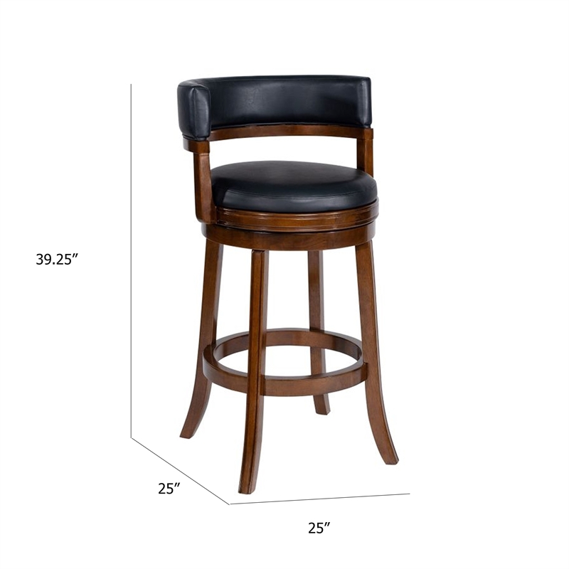 Bely Swivel Barstool Chair- Black Faux Leather- Cappuccino Brown Wood
