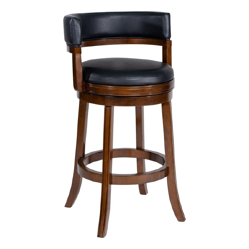 Bely Swivel Barstool Chair- Black Faux Leather- Cappuccino Brown Wood