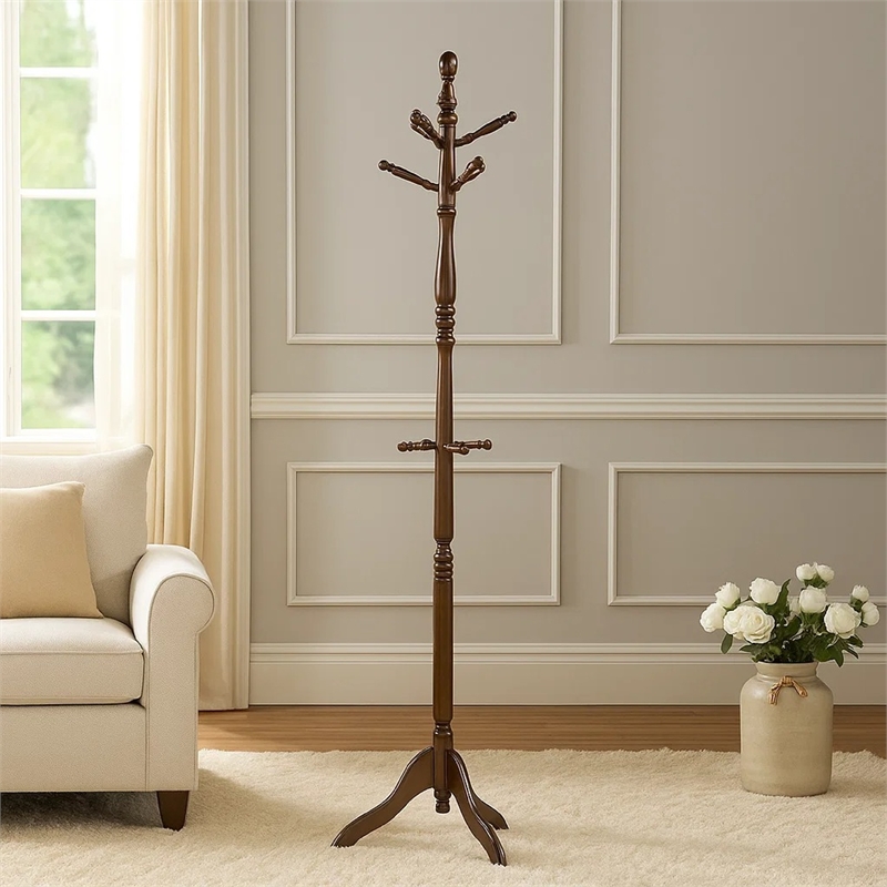 Moy 3 Tier Coat Rack with 10 Hooks- 72 Inch Dark Brown Solid Wood