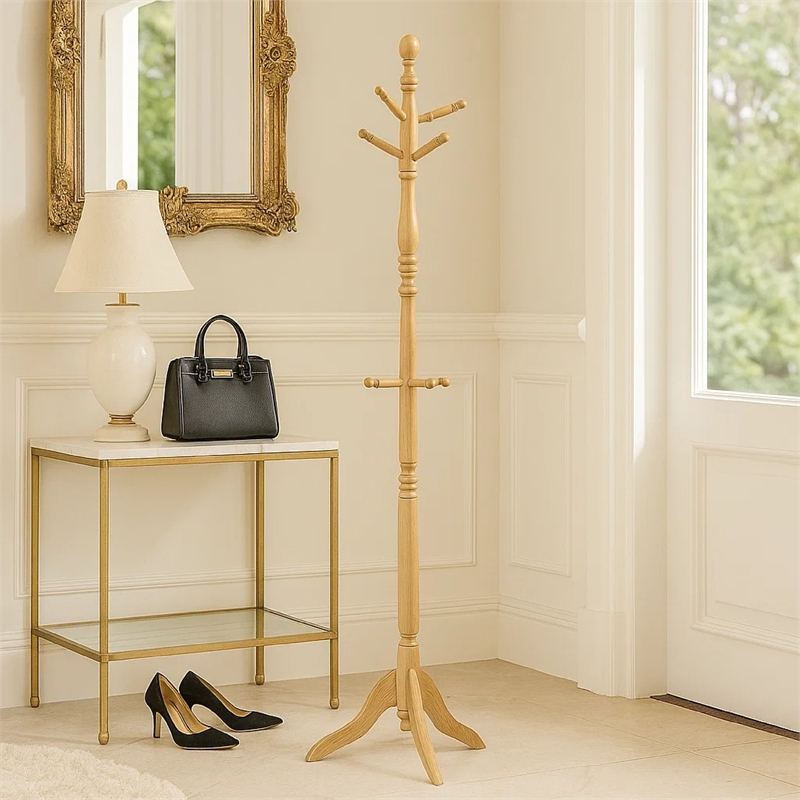Moy 3 Tier Coat Rack with 10 Hooks- 72 Inch Natural Brown Solid Wood