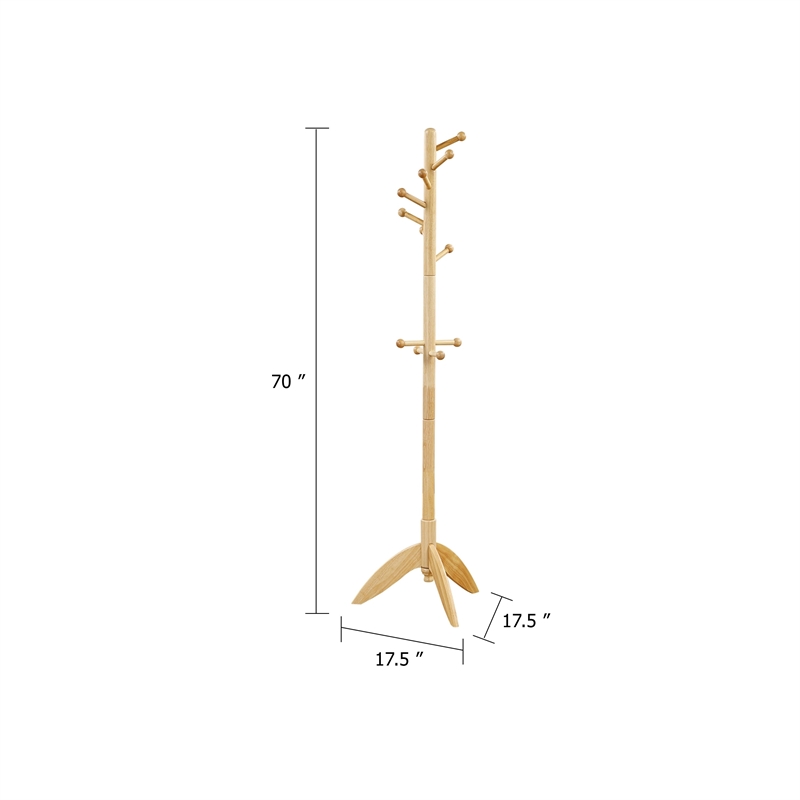 Pon 7 Tier Coat Rack w 11 Hooks and Tripod Base- 70 Inch Natural Brown
