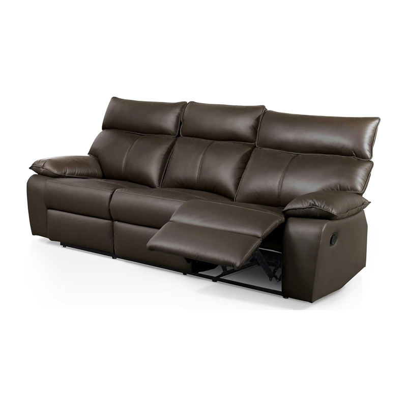 Ozy Manual Recliner Sofa- Pillow Arms- Brown Vegan Leather 88 Inch