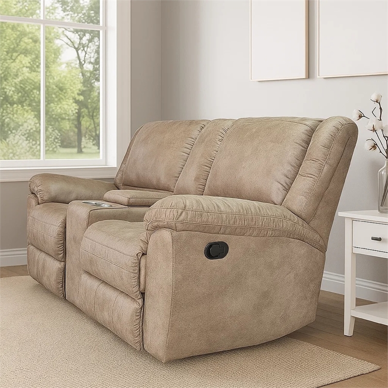 Jem Loveseat with Console- Light Brown Faux Leather- 77 Inch