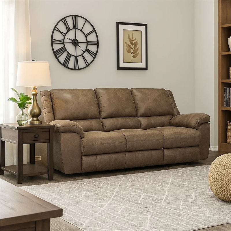 Jem Sofa with Drop Down Table- Light Brown Faux Leather- 87 Inch