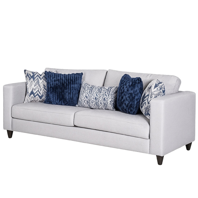 Harie Sofa- 5 Throw Pillows- Light Gray Chenille- Black Wood- 87 Inch