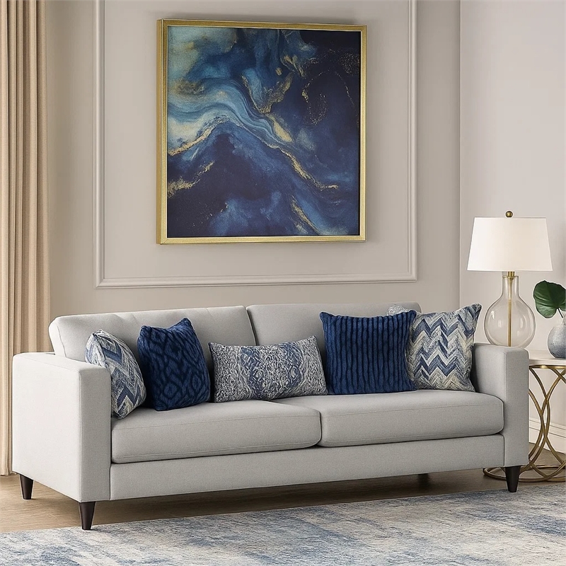 Harie Sofa- 5 Throw Pillows- Light Gray Chenille- Black Wood- 87 Inch