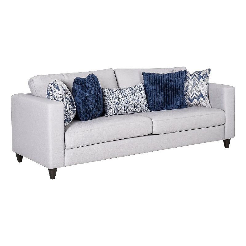 Harie Sofa- 5 Throw Pillows- Light Gray Chenille- Black Wood- 87 Inch