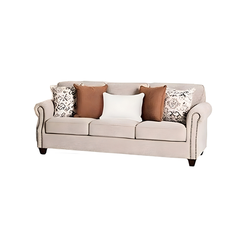 Bonie Sofa- 5 Pillows- Rolled Arms Taupe Brown Polyester- 87 Inch