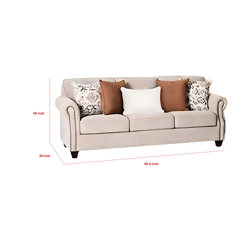 Bonie Sofa- 5 Pillows- Rolled Arms Taupe Brown Polyester- 87 Inch