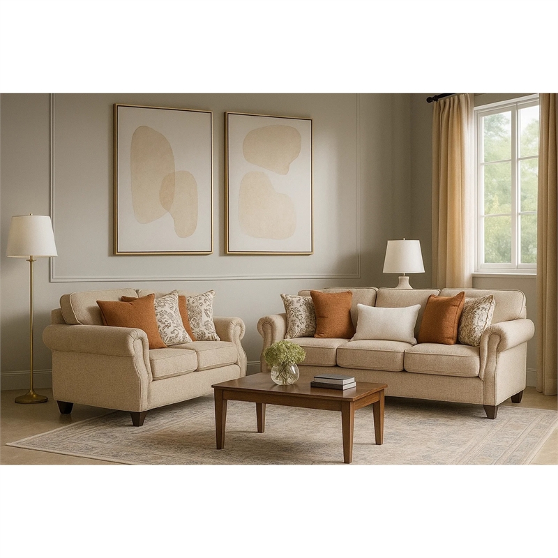 Bonie Sofa- 5 Pillows- Rolled Arms Taupe Brown Polyester- 87 Inch