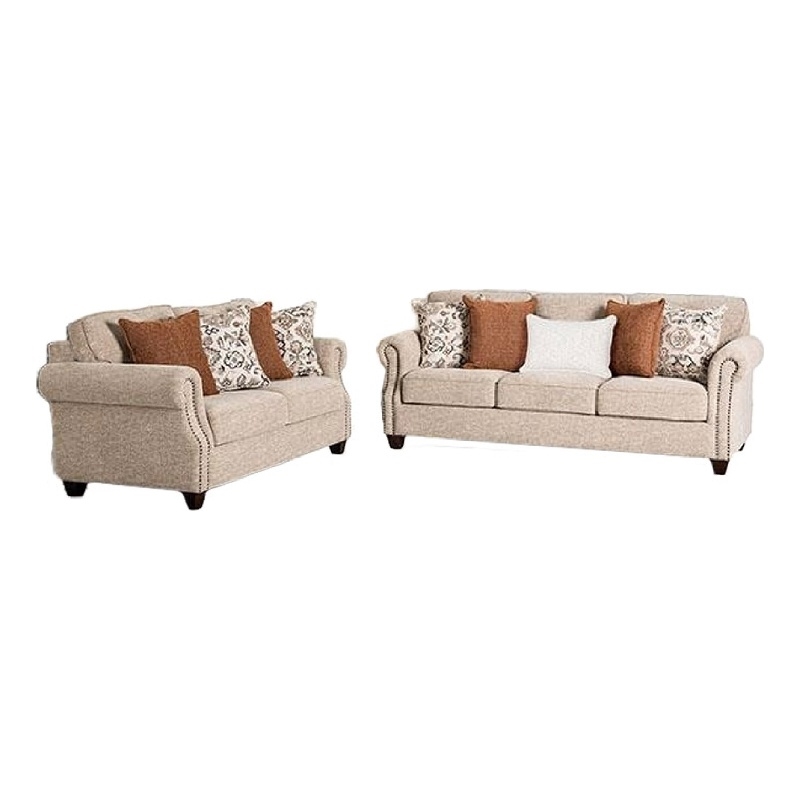 Bonie Sofa- 5 Pillows- Rolled Arms Taupe Brown Polyester- 87 Inch
