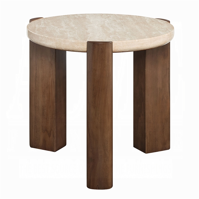 Hery Side End Table- 22 Inch Round Travertine Top- Dark Oak Brown Legs