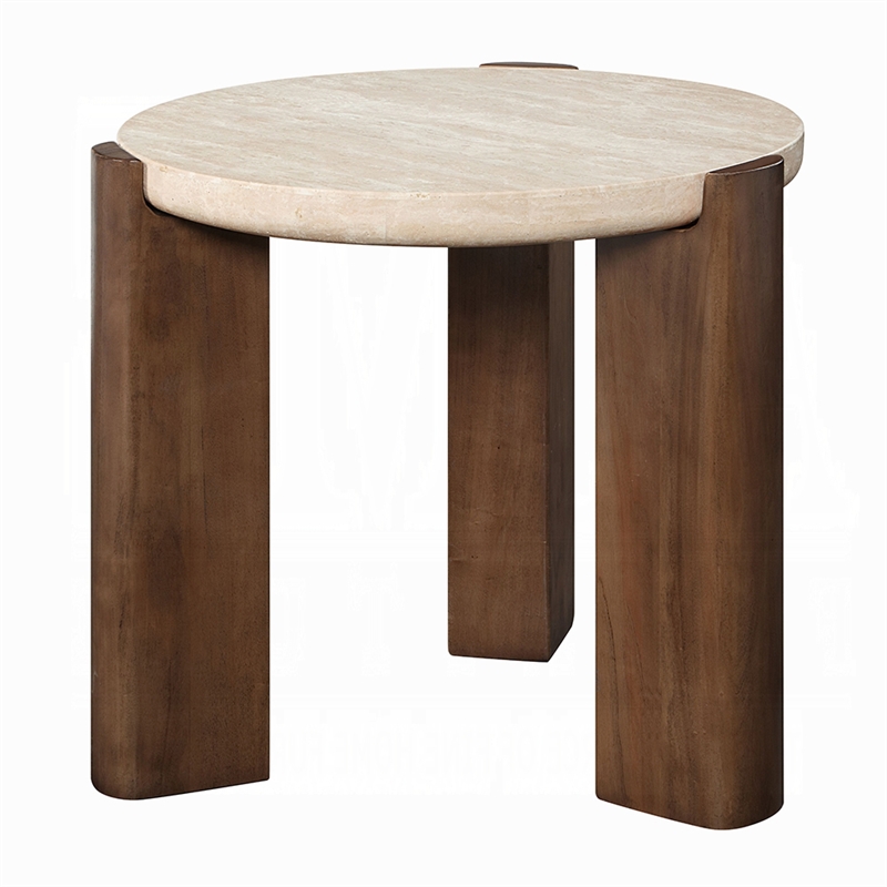 Hery Side End Table- 22 Inch Round Travertine Top- Dark Oak Brown Legs