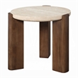 Hery Side End Table- 22 Inch Round Travertine Top- Dark Oak Brown Legs