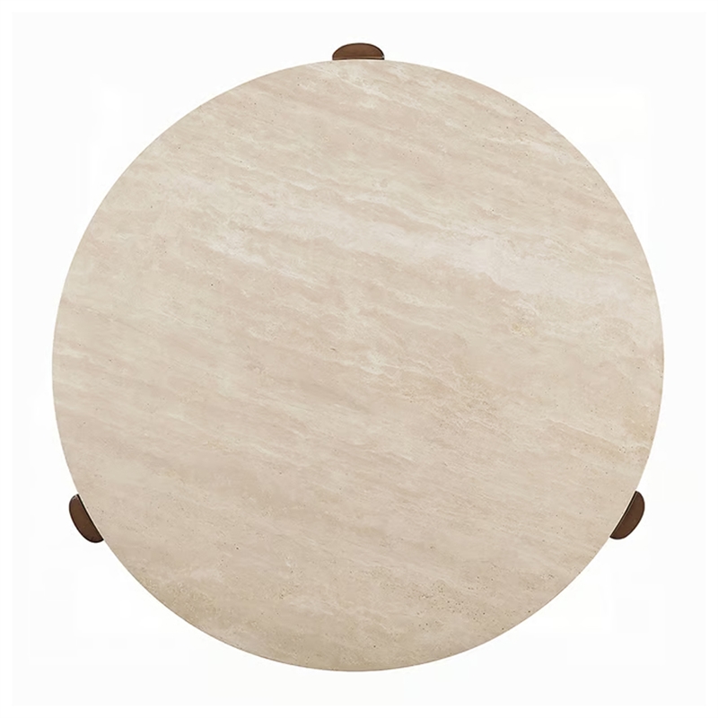Hery Side End Table- 22 Inch Round Travertine Top- Dark Oak Brown Legs