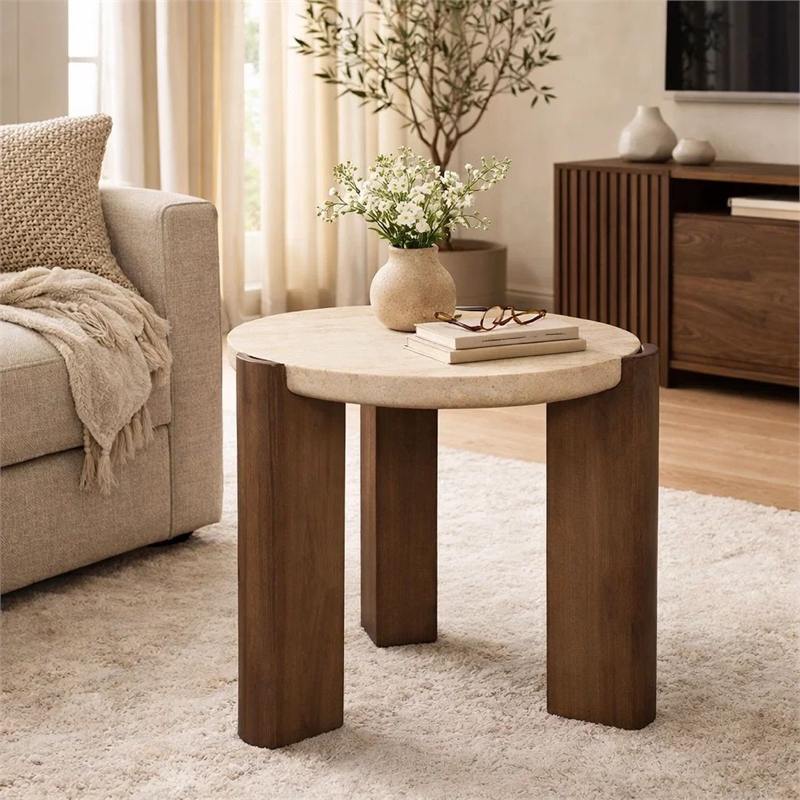 Hery Side End Table- 22 Inch Round Travertine Top- Dark Oak Brown Legs