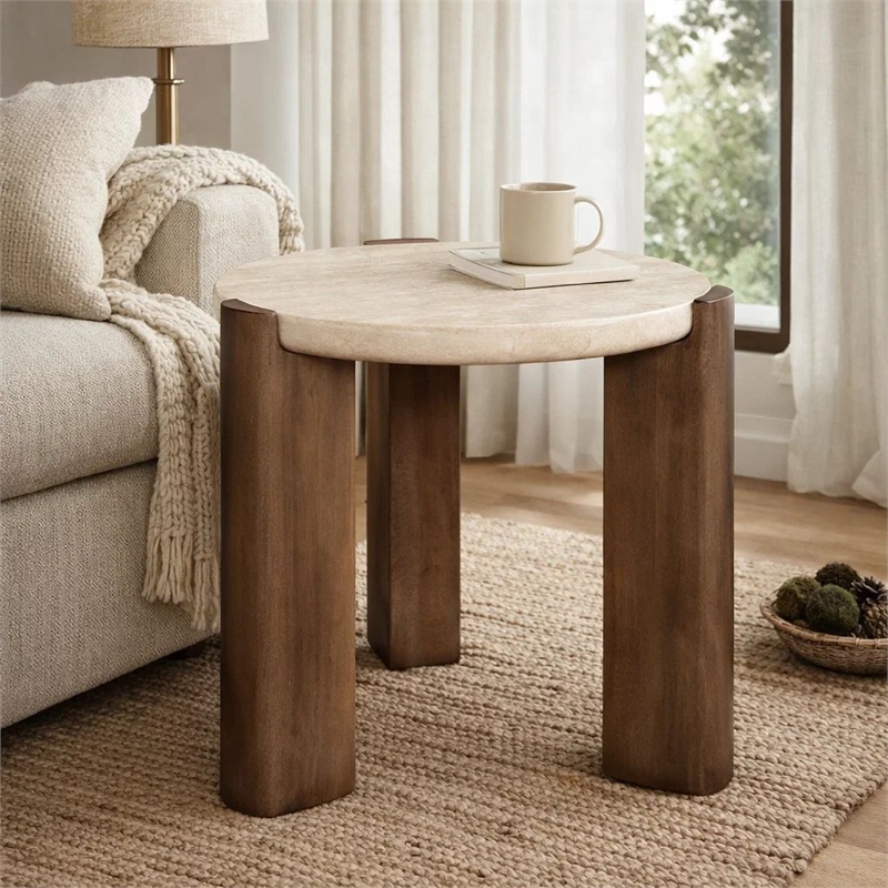Hery Side End Table- 22 Inch Round Travertine Top- Dark Oak Brown Legs