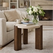 Hery Side End Table- 22 Inch Round Travertine Top- Dark Oak Brown Legs