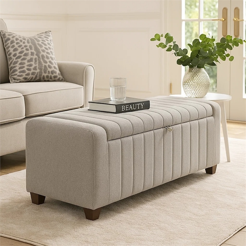 Doa Storage Bench- Channel Tufted- Gray Boucle Upholstery 50 Inch