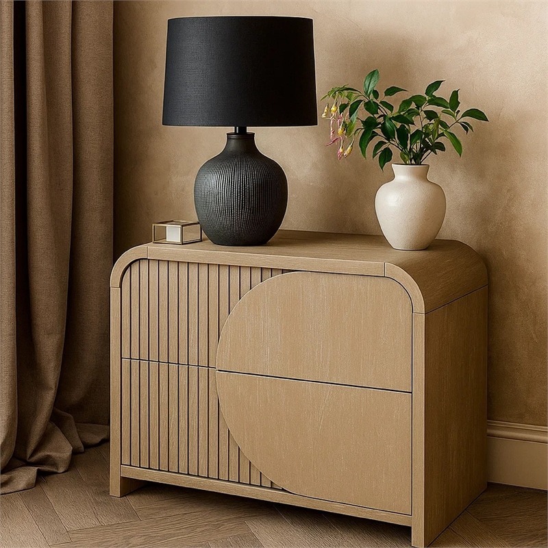 Tanya Nightstand with 2 Drawers- Reeded Panels- Natural Brown Wood
