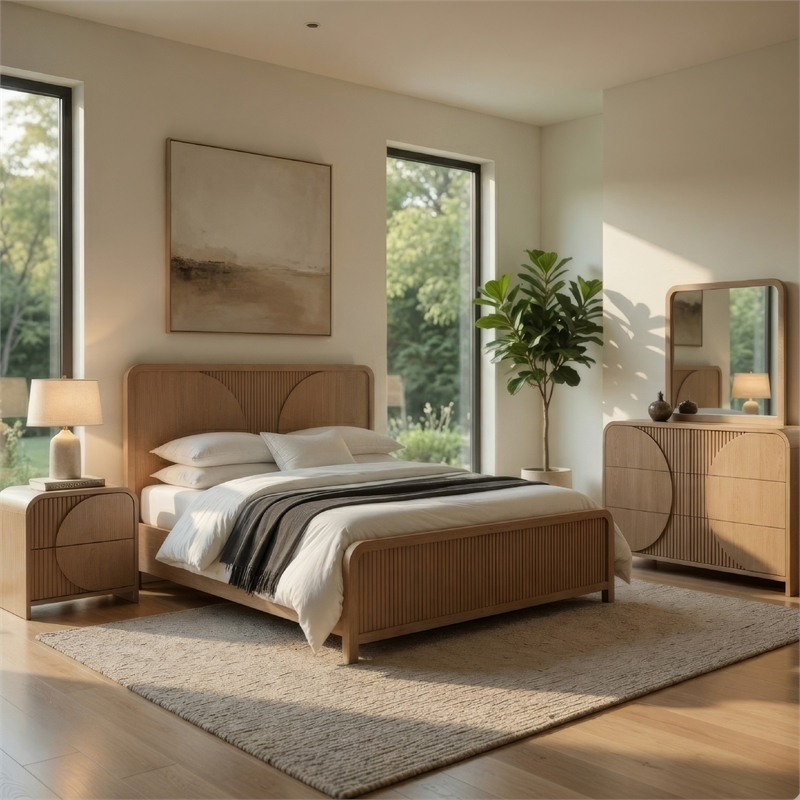 Tanya 4pc Queen Bedroom Set- Dresser Mirror- Reeded Natural Brown