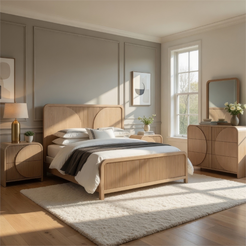 Tanya 5pc Queen Bedroom Set with 2 Nightstands-  Reeded Brown Wood