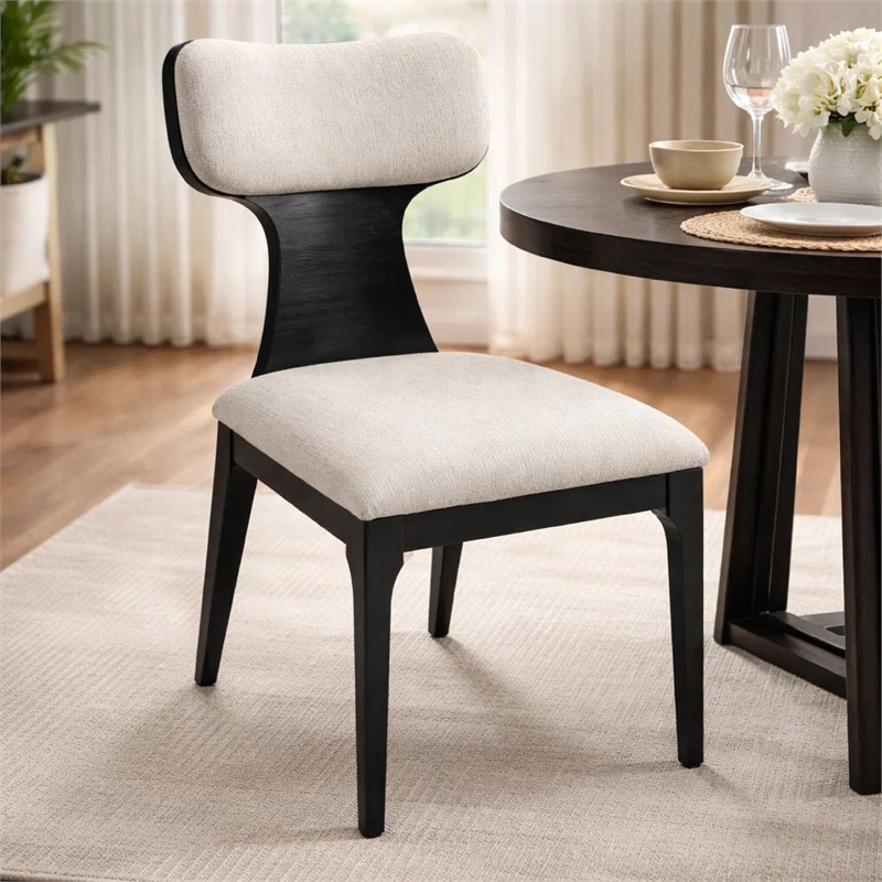 Kiri Dining Side Chair Set of 2- White Chenille Seat- Black Wood Legs