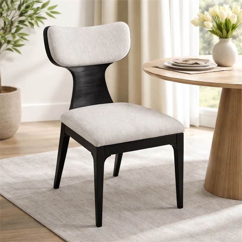 Kiri Dining Side Chair Set of 2- White Chenille Seat- Black Wood Legs