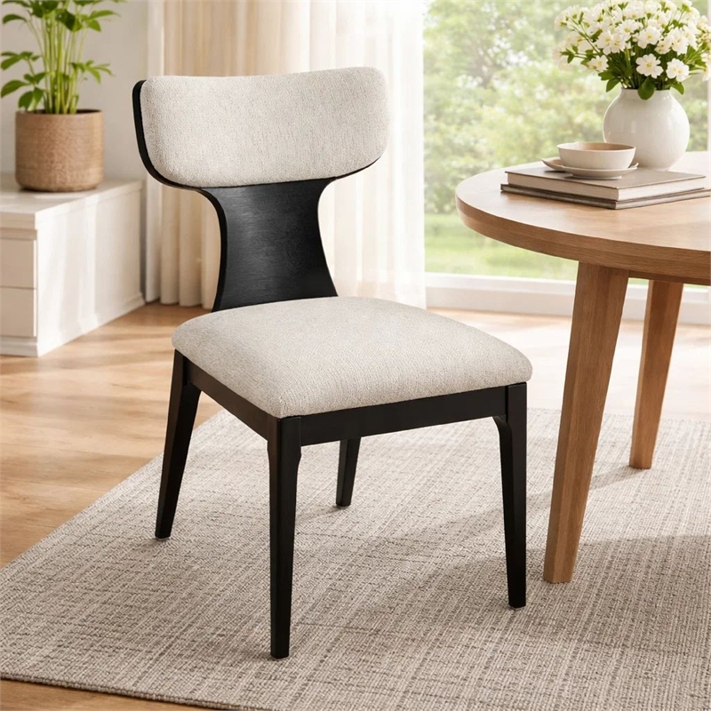 Kiri Dining Side Chair Set of 2- White Chenille Seat- Black Wood Legs