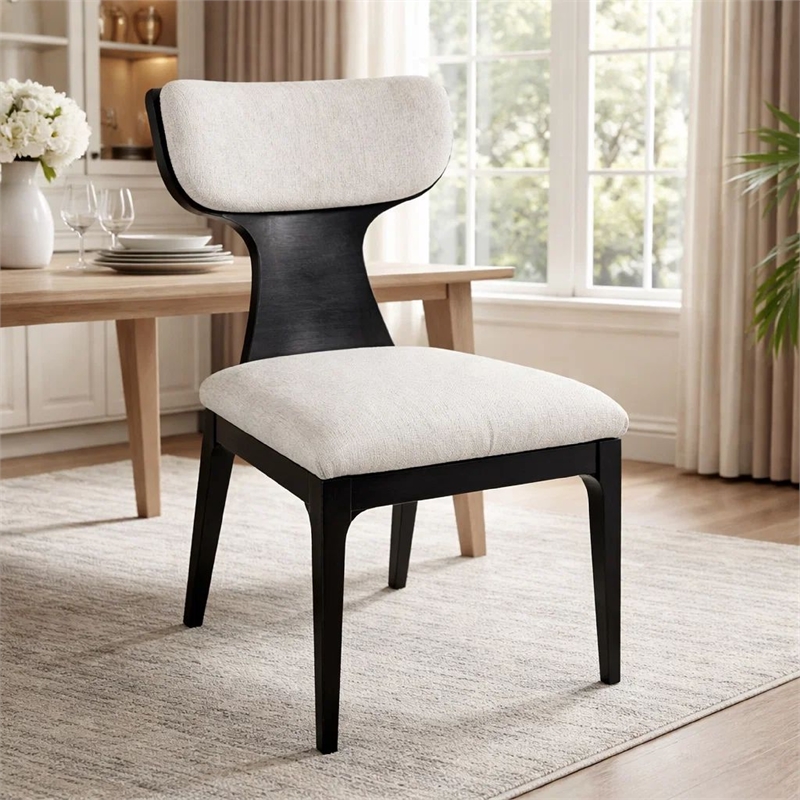 Kiri Dining Side Chair Set of 2- White Chenille Seat- Black Wood Legs